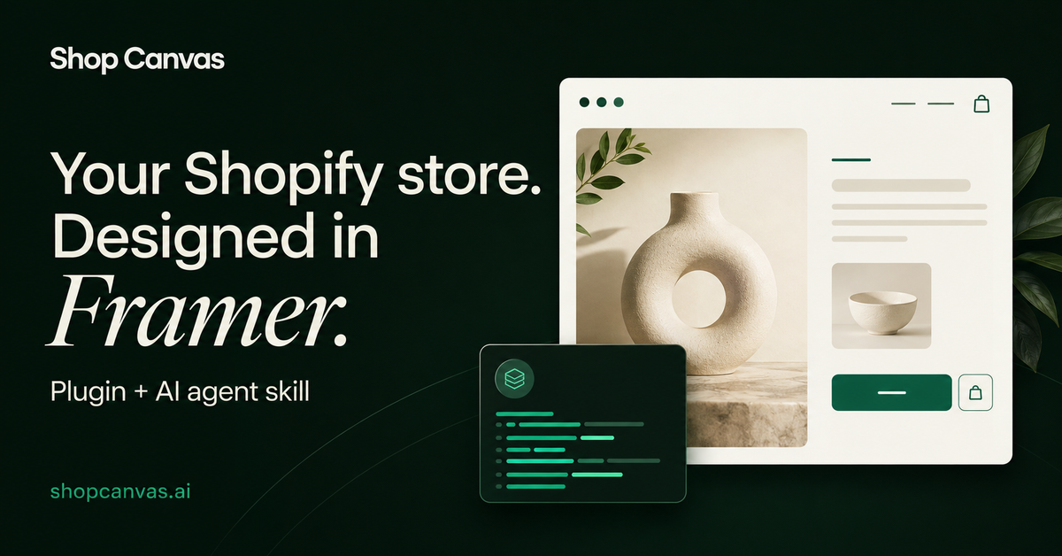 Shop Canvas complete kit: Shopify storefronts designed in Framer, with a plugin and AI setup skill.